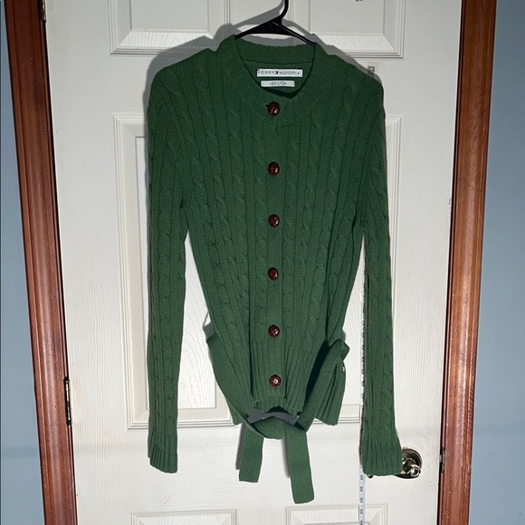Tommy Hilfiger-M-green-crewneck,belted, cableknit,wool&cashmere cardigan sweater - Picture 1 of 14